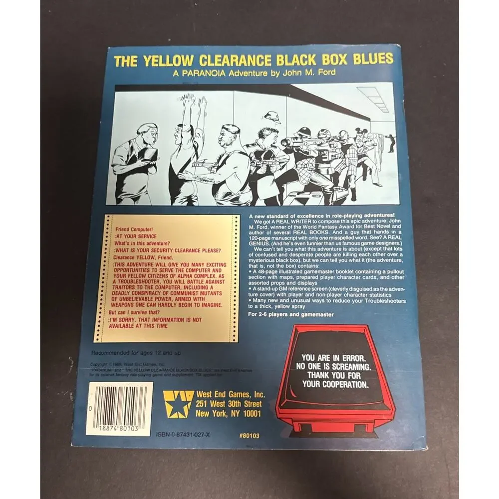 The Yellow Clearance Black Box Blues Paranoia RPG 1985 West End Games 80103